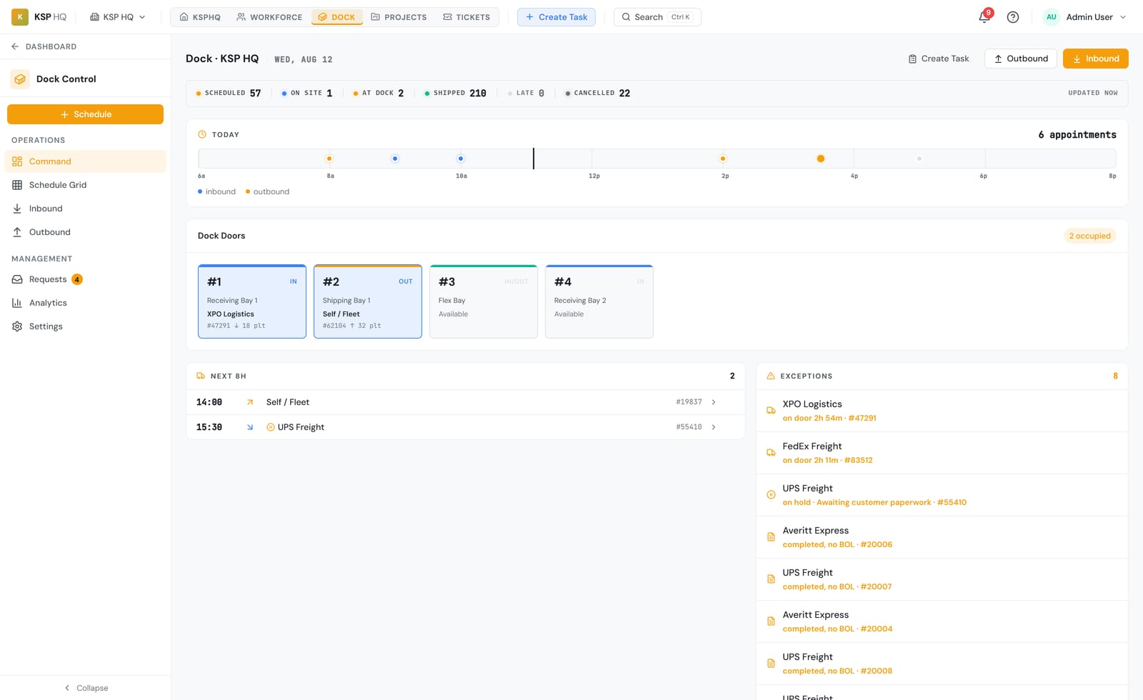 Dock Command — doors, appointments, and exceptions at a glance